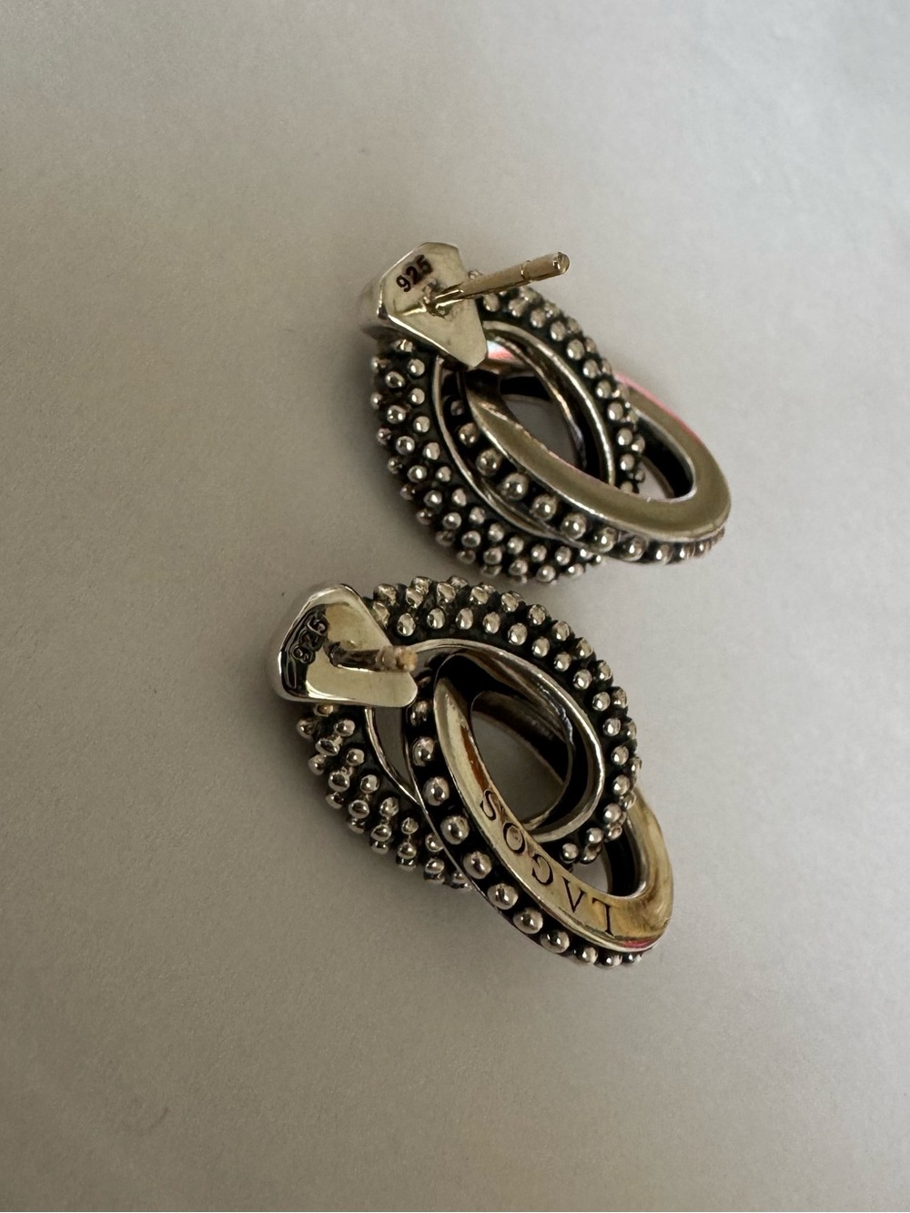 LAGOS Signature Double Oval Caviar Beaded Drop Earrings 925 Sterling Silver - Picture 9 of 9